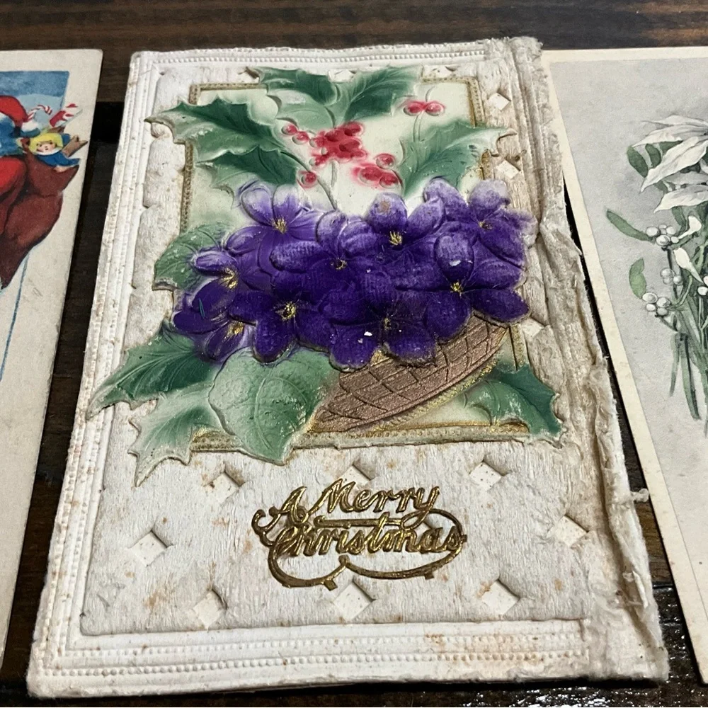 Antique Lot of 8 Christmas Holiday Postcards Santa Flowers Scrapbooking